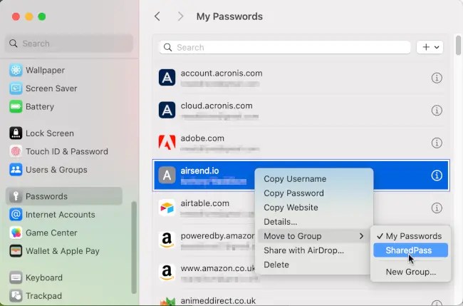 Screenshot of moving a password to a shared group in macOS.