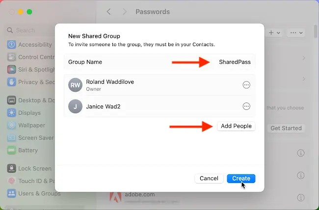 Screenshot of the form to create a shared password group in macOS.