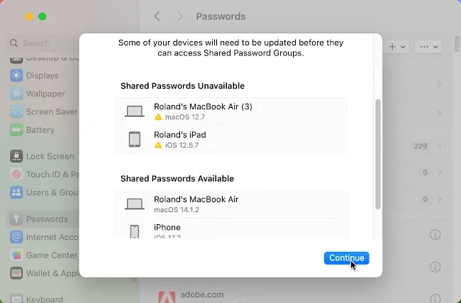Mac password sharing supported devices.
