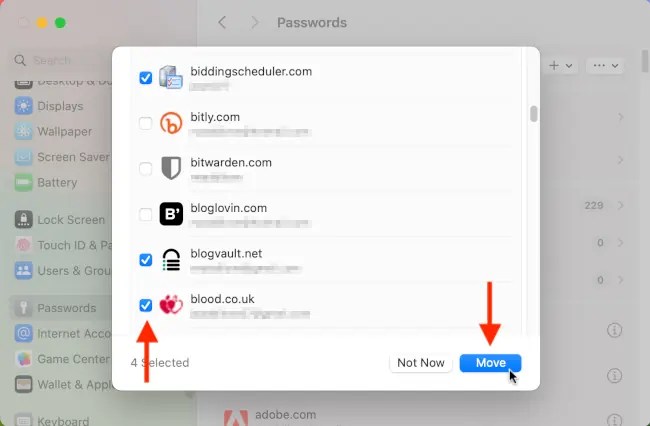 Screenshot showing passwords selected for a shared password group in macOS.