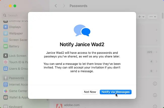 Screenshot showing member notification for shared password group in macOS.