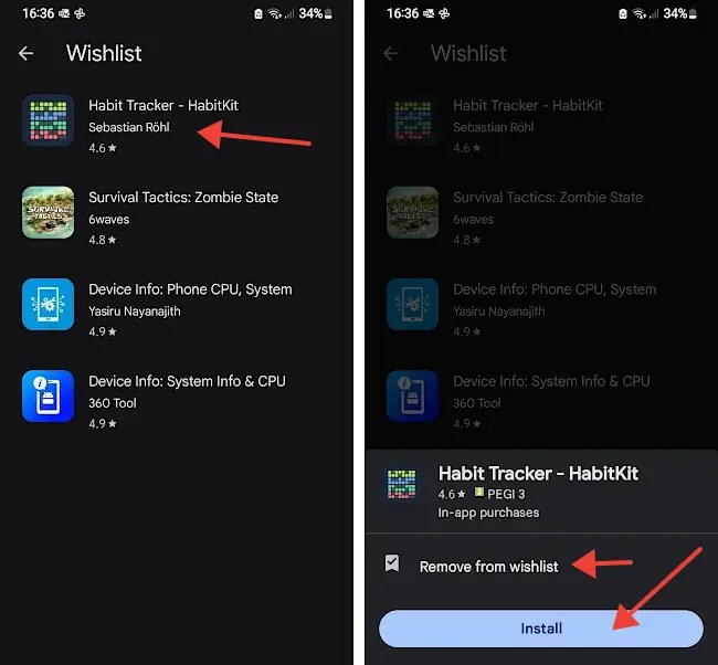 Screenshot of the Google Play Store wishlist on an Android phone.