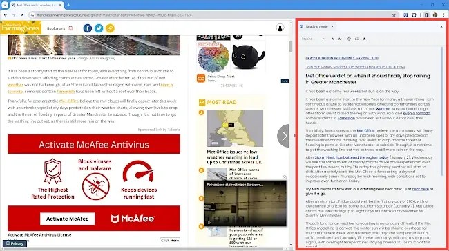 Screenshot of Chrome browser showing a web page and reading mode side panel.