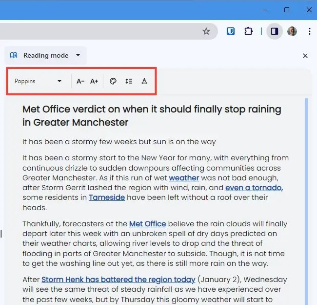 Screenshot of Chrome browser reading mode panel.