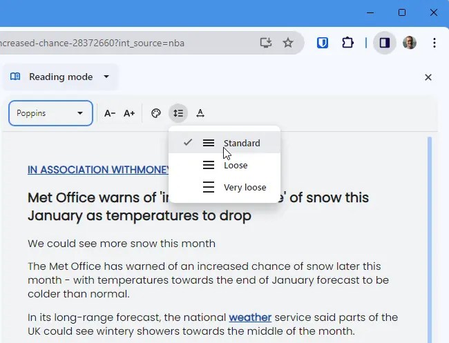 Screenshot of Chrome browser reading mode side panel controls.
