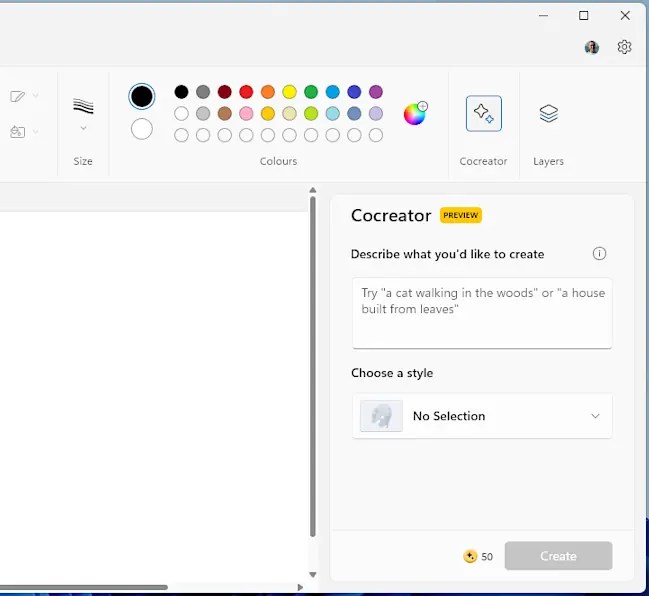 Screenshot of Microsoft Paint in Windows with Cocreator.