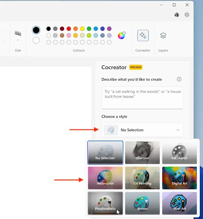 Selecting the image style in Cocreator in Microsoft Paint.