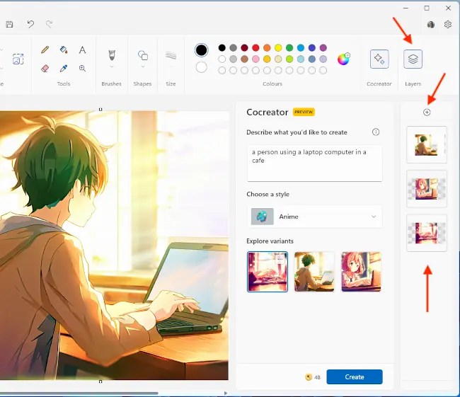 Cocreator images added to layers in Microsoft Paint.