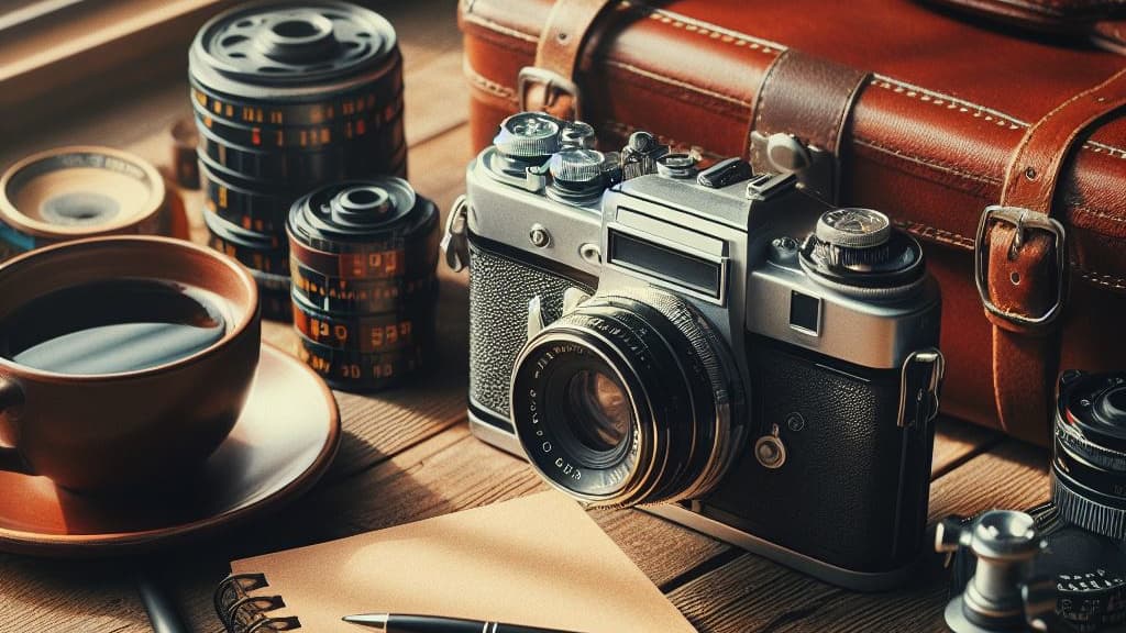 AI generated image of an old camera and accessories.